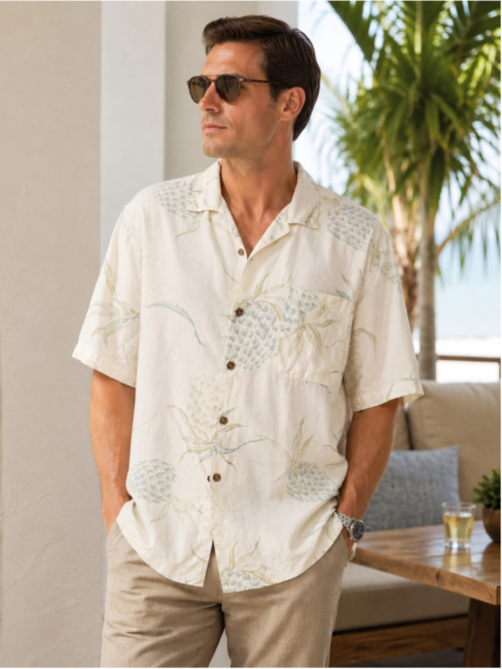 Tommy Bahama Shirt Men XL Silk Pineapple Tropical Resort Vacation Dadcore Ivory